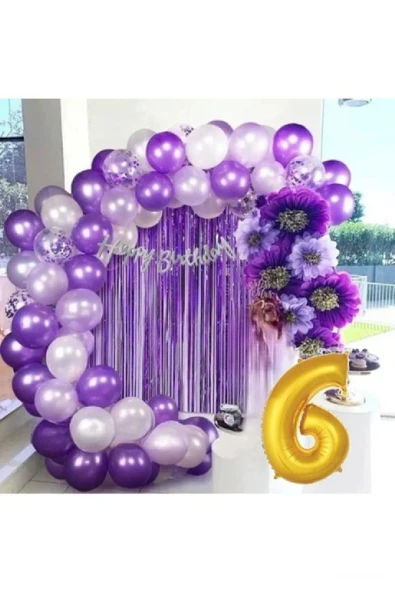 Bkmc 6 YAŞ LÜX MOR LİLA BALON ZİNCİR SET DOĞUM GÜNÜ PARTİ SETİ SÜSÜ ürün görseli 1