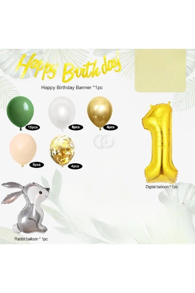 Bkmc SEVİMLİ TAVŞAN FOLYO BALONLU GOLD YAŞ BALONLU DOĞUM GÜNÜ PARTİ SETİ SÜSÜ - Resim 2