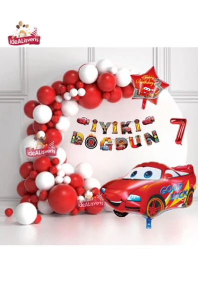Bkmc Bannerli 7 Yaş 36 cm Kırmızı Araba Yıldız Folyo Balonlu Beyaz Kırmızı Konsept Doğum Günü Parti Seti - Resim 2