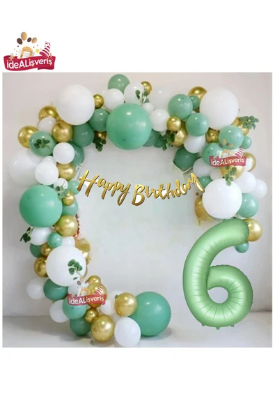 Bkmc Mat Yeşil 6 Yaş Folyo Balon Happy Birthday Kaliğrafi Yeşil Gold Beyaz Doğum Günü Parti Seti ürün görseli 1