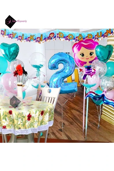Bkmc Bobo Şeffaflı Deniz Kızı Konseptli YAŞ Folyolu Doğum Günü Süsü Dekarasyon Parti Seti ürün görseli 1