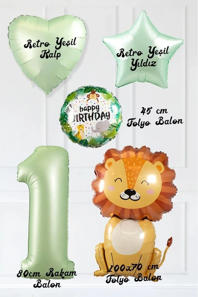 Laviyosa Safari Tema Doğum Günü Yaş Balonlu Retro Yeşil Safari Balonları Sevimli Aslan Parti Seti - Resim 3