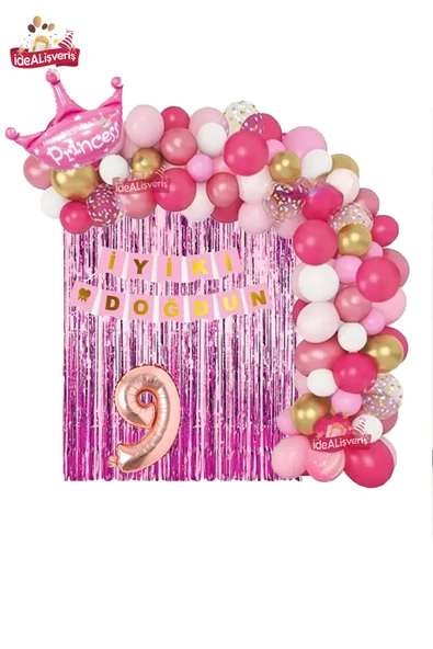Bkmc Pembe Beyaz Konseptli 9 Yaş Kraliçe Taçlı Doğum Günü Balon Zincir Seti ürün görseli 1