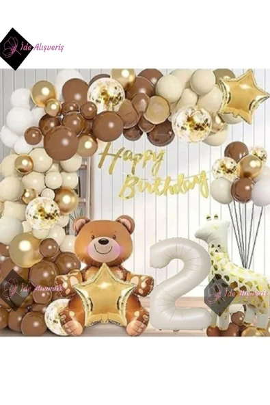 Bkmc AYICIK ZÜRAFA TEMALI FOLYO BALONLU , KREM 2 YAŞ DOĞUM GÜNÜ PARTİ SETİ BALON SETİ