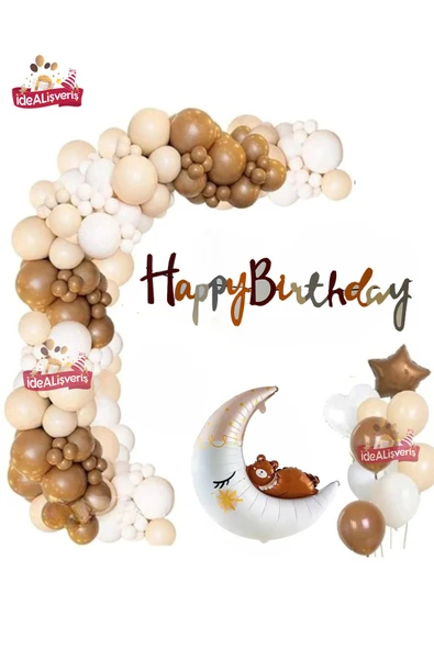 Bkmc Kalp Yıldız Ayılı Ay Folyo Balonlu Balon Zincirli Kahverengi Krem Beyaz Doğum Günü Parti Seti