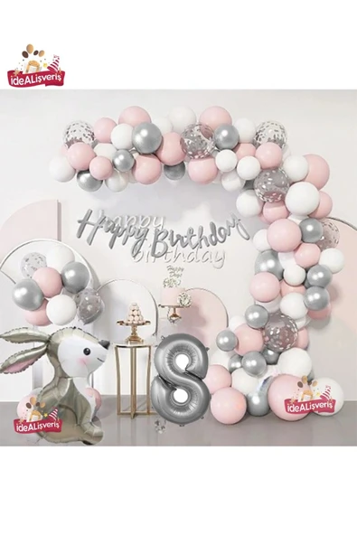 Bkmc GÜMÜŞ PEMBE LÜKS 8 YAŞ TAVŞAN FOLYO DOĞUM GÜNÜ SÜSÜ DOĞUM GÜNÜ PARTİ BALON ZİNCİR SET ürün görseli
