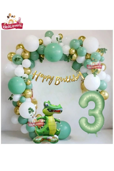Bkmc Mat Yeşil 3 Yaş Ayaklı Timsah Folyo Balon Happy Birthday Kaliğrafi Yeşil Gold Doğum Günü Parti Seti ürün görseli