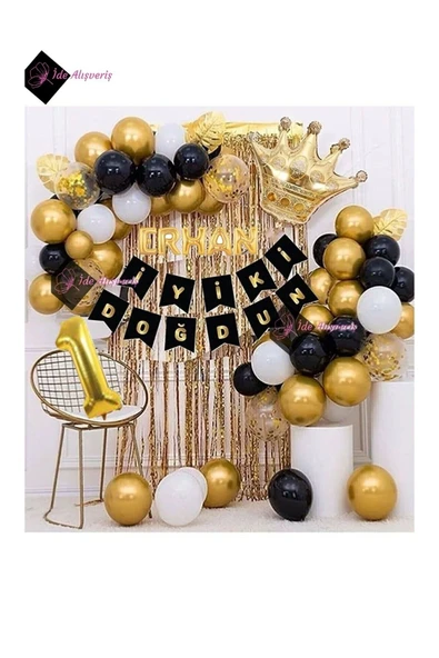 Bkmc 5 Harfli Isim Ve 1 Yaş, Kral Taçlı Balon Zinciri Doğum Günü Seti Iyi Ki Doğdun Doğum Günü Lüks Set - Resim 3