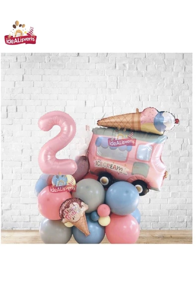 Bkmc Büyük Dondurma Kamyonu Pembe 2 Yaş Folyolu Çok Tatlı Balon Yığını,Doğum Günü Parti Seti Süsü - 5