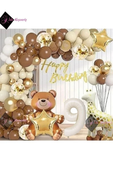 Bkmc AYICIK ZÜRAFA TEMALI FOLYO BALONLU , KREM 9 YAŞ DOĞUM GÜNÜ PARTİ SETİ BALON SETİ - Resim 4