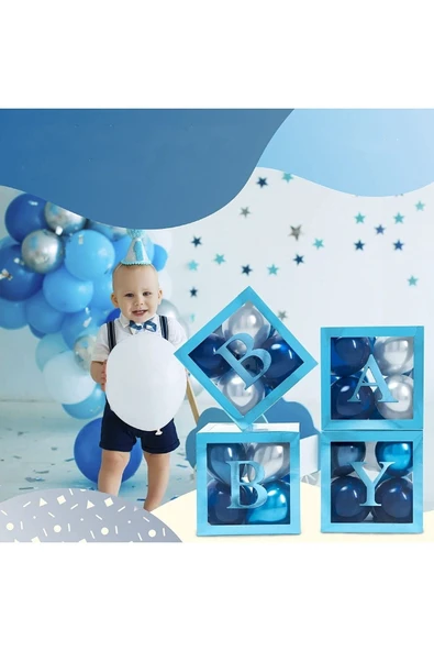 Bkmc 4 Kutu Baby Yazılı Şeffaf Kutu Harf Mavi 25 Cm Balon Hediyeli ürün görseli 1