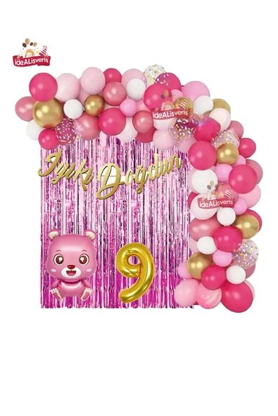 Bkmc Pembe Ayıcık Gold 9 Yaş Folyo Balonlu İyi ki Doğdun Yazılı Pembe Gold Doğum Günü Parti Seti