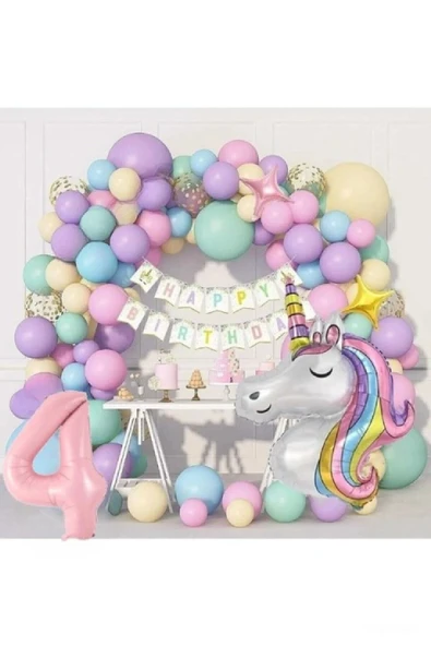 Bkmc Kız Çocuklar Için 4 Yaş Unicorn Lüks Doğum Günü Parti Seti Süsü - Resim 3
