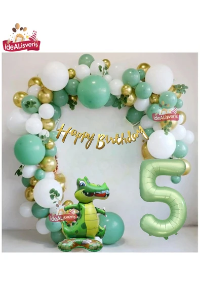 Bkmc Mat Yeşil 5 Yaş Ayaklı Timsah Folyo Balon Happy Birthday Kaliğrafi Yeşil Gold Doğum Günü Parti Seti ürün görseli