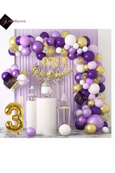 Bkmc 4 Harf İsimli 3 Yaş Macaron Mor Balon Zinciri Seti Gölge Mor Altın Balon Dekorasyon - 3