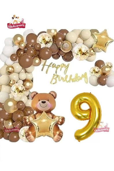 Laviyosa LÜKS KAHVERENGİ OTURAN AYI 9 YAŞ BALON SETİ DOĞUM GÜNÜ SÜSÜ PARTİ SETİ - Resim 2