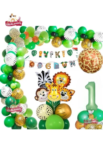 BKMC PARTY 1 Yaş Safari Partisi Malzemeleri Temalı Folyo Lüks Zincir Balon Seti Doğum Günü Parti Seti Süsü - 3