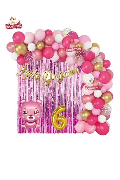 Bkmc Pembe Ayıcık Gold 6 Yaş Folyo Balonlu İyi ki Doğdun Yazılı Pembe Gold Doğum Günü Parti Seti ürün görseli