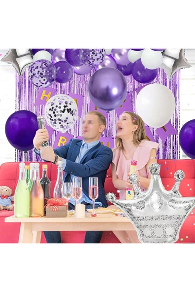 Bkmc Kadınlar Kızlar İçin Mor Konfeti BalonluGümüş Taç Folyo,Mor Saçak Arkafon Doğum Günü Parti Seti Süsü - Resim 4
