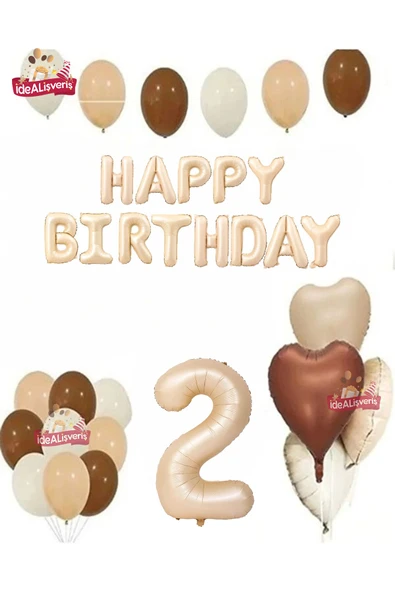 Bkmc Happy Birthday 2 Yaş Bej Folyo Balon Kahverengi Beyaz Bej Doğum Günü Parti Seti