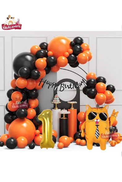 Bkmc GOLD YAŞ FOLYO GÖZLÜKLÜ SEVİMLİ KEDİ FOLYO BALONLU SİYAH HAPPY BIRTHDAY DOĞUM GÜNÜ PARTİ SETİ SÜSÜ