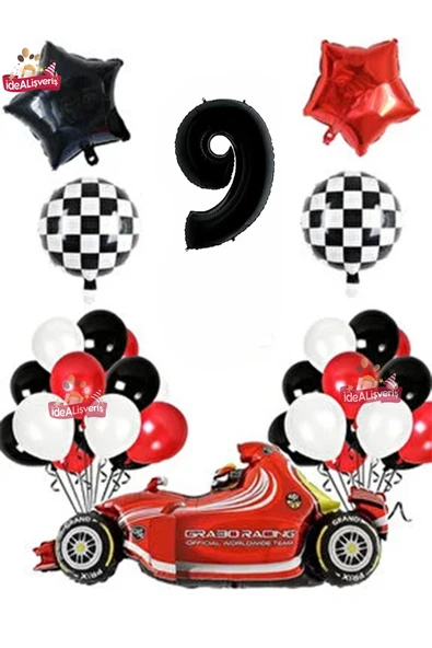 Bkmc Formula Yarış Arabası 9 Yaş Siyah Kırmızı Beyaz Konsept Doğum Günü Parti Seti ürün görseli