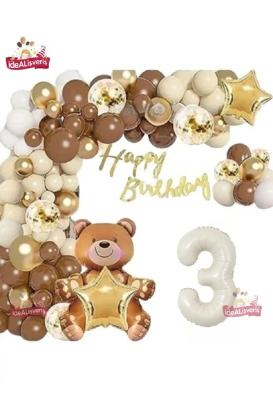 Bkmc LÜKS KAHVERENGİ OTURAN AYI KREM 3 YAŞ BALON SETİ DOĞUM GÜNÜ SÜSÜ PARTİ SETİ - Resim 2