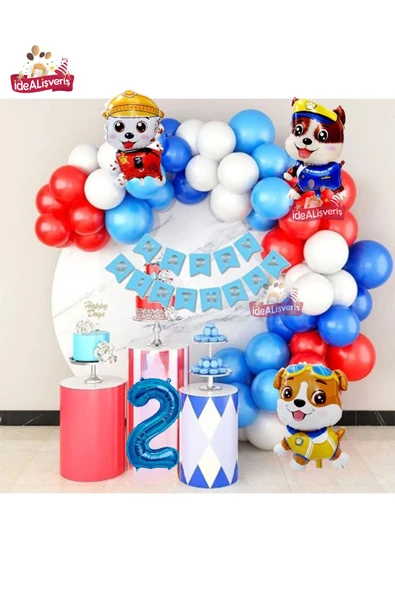 Bkmc Devriye Köpek Folyo Balonlu 2 Yaş Mavi Kırmızı Beyaz Balon Zinciri Doğum Günü Seti ürün görseli
