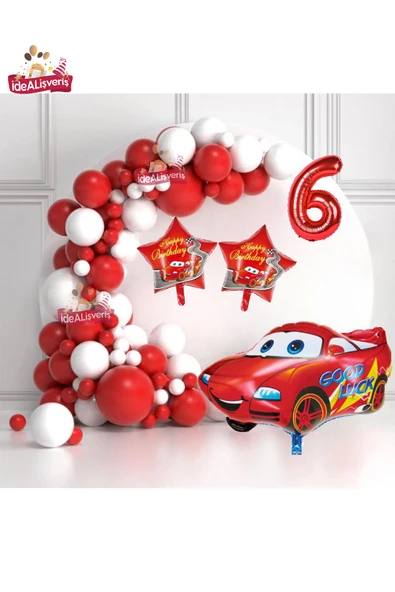 Bkmc Yıldız Araba 6 Yaş Folyo Balonlu Kırmızı Beyaz Konsept Doğum Günü Parti Seti ürün görseli