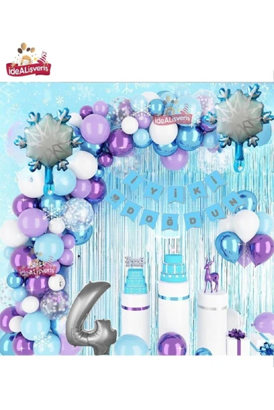 Bkmc KIZ ÇOCUKLARI İÇİN LÜKS 4 YAŞ FROZEN ELSA TEMALI KAR TANESİ FOLYOLU DOĞUM GÜNÜ PARTİ SETİ SÜSÜ - 2
