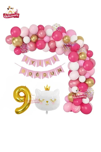 Bkmc Bannerli Beyaz Kedi 9 Yaş Gold Folyo Balonlu Pembe Gold Beyaz Doğum Günü Parti Seti
