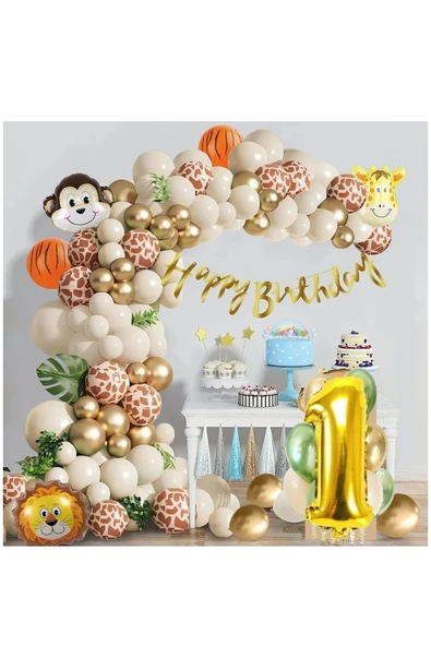 Bkmc 1 Yaş Folyo Balonu Safari Desenli Doğum Günü Parti Seti Süsü - Resim 4