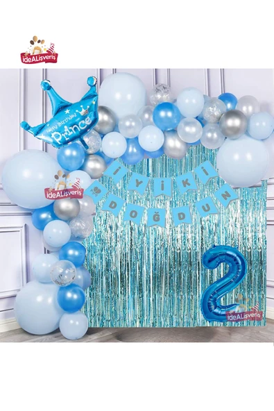 Bkmc Mavi Gümüş Konseptli 2 Yaş Prens Taçlı Doğum Günü Balon Zincir Seti