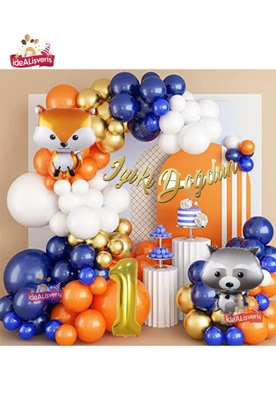 Bkmc Turuncu Lacivert Gold 1 Yaş Rakun Ve Tilki Folyolu Doğum Günü Balon Zincir Seti