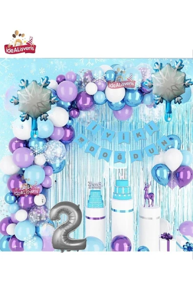 Bkmc KIZ ÇOCUKLARI İÇİN LÜKS 2 YAŞ FROZEN ELSA TEMALI KAR TANESİ FOLYOLU DOĞUM GÜNÜ PARTİ SETİ SÜSÜ