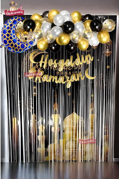 Bkmc HOŞGELDİN RAMAZAN BASKILI ARKAFONU VE YAZILI MAVİ FOLYO BALONLU GOLD GÜMÜŞ BALON ZİNCİRLİ SET ürün görseli