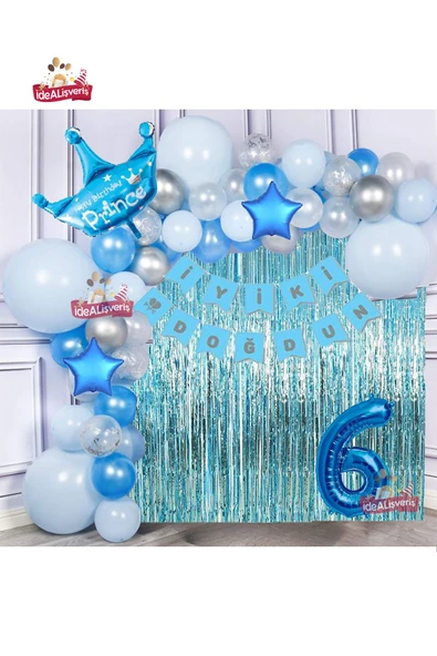 Bkmc Yıldızlı Mavi Gümüş Konseptli 6 Yaş Prens Taçlı Doğum Günü Balon Zincir Seti