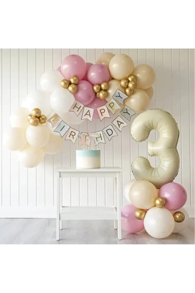 Bkmc 3 YAŞ KREM KONSEPTLİ BALON DOĞUM GÜNÜ PARTİ KUTLAMA SETİ SÜSÜ - 5