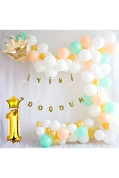 Bkmc mstfx 1 Yaş Beyaz Somon Yeşil Makaron Zincir Balon Seti smodelix 850662