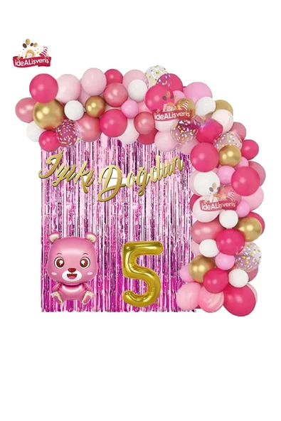 Bkmc Pembe Ayıcık Gold 5 Yaş Folyo Balonlu İyi ki Doğdun Yazılı Pembe Gold Doğum Günü Parti Seti ürün görseli