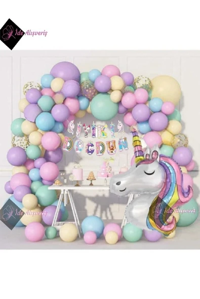 Bkmc Karışık Balonlu Unicorn karakterli Uzar YazılıLüks Doğum Günü Parti Seti ürün görseli 1