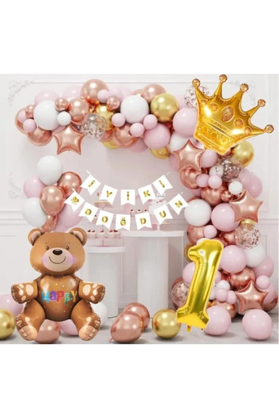 Bkmc GOLD YAŞ RAKAMLI KRAL TAÇ OTURAN AYI TEMALI  ROSE GOLD PEMBE BALONZİNCİRİ DOĞUM GÜNÜ PARTİ SETİ SÜSÜ ürün görseli 1