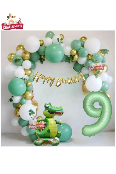 Bkmc Mat Yeşil 9 Yaş Ayaklı Timsah Folyo Balon Happy Birthday Kaliğrafi Yeşil Gold Doğum Günü Parti Seti ürün görseli 1