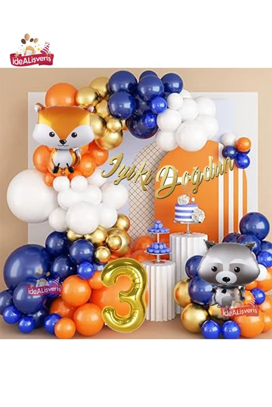 Bkmc Turuncu Lacivert Gold 3 Yaş Rakun Ve Tilki Folyolu Doğum Günü Balon Zincir Seti