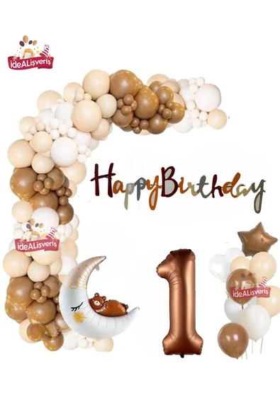 Bkmc Kahverengi 1 Yaş Kalp Yıldız Ayılı Ay Folyo Balonlu Balon Zincirli Doğum Günü Parti Seti