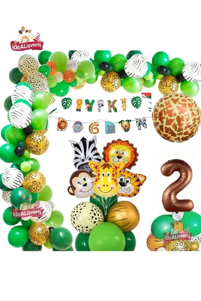 Bkmc 2 Yaş Safari Partisi Malzemeleri Temalı Folyo Lüks Zincir Balon Seti Doğum Günü Parti Seti Süsü - 3