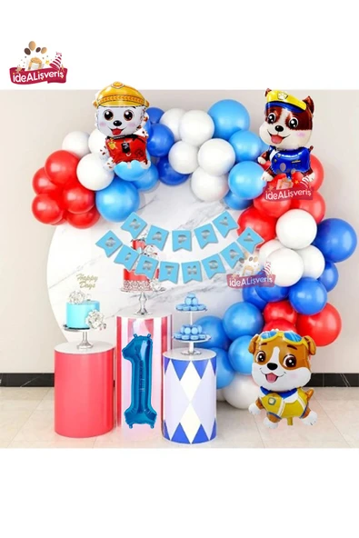 Bkmc Devriye Köpek Folyo Balonlu 1 Yaş Mavi Kırmızı Beyaz Balon Zinciri