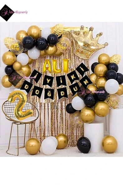 Bkmc 3 Harfli Isim Ve 2 Yaş, Kral Taçlı Balon Zinciri Doğum Günü Seti Iyi Ki Doğdun Doğum Günü Lüks Set