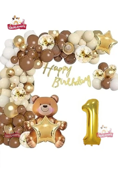 Bkmc LÜKS KAHVERENGİ OTURAN AYI 1 YAŞ BALON SETİ DOĞUM GÜNÜ SÜSÜ PARTİ SETİ ürün görseli