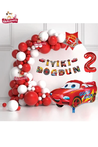 Bkmc Bannerli 2 Yaş Yıldız Araba Folyo Balonlu Kırmızı Beyaz Konsept Doğum Günü Parti Seti